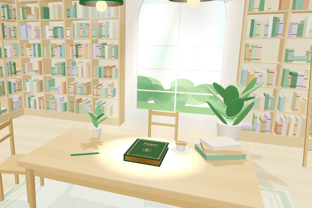 The Saripati book on a reading table in a sunlit library